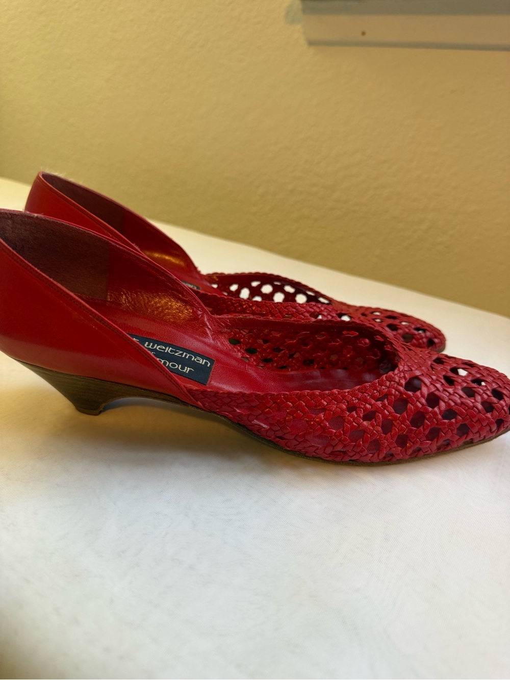 Vintage Stuart Weitzman for Mr. Seymour Red Woven Leather Kitten Heel Pumps - Picture 2 of 8